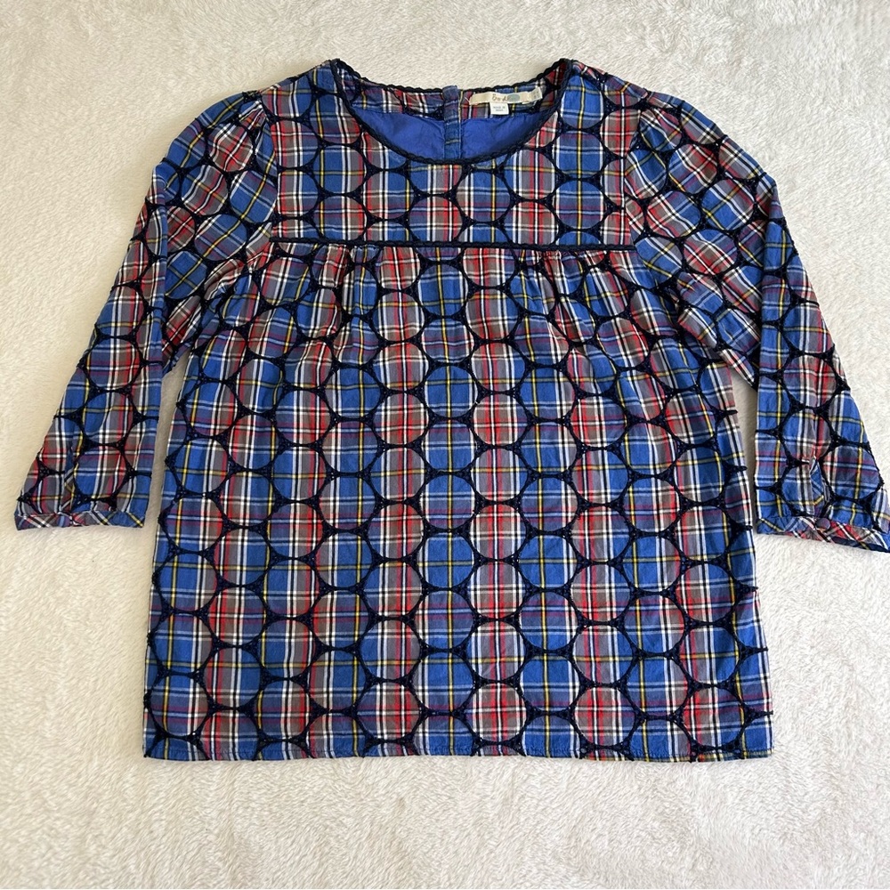 Boden Women's Blouse Size 8 Blue Plaid Charlotte Eyelet Embroidered Polka Dot